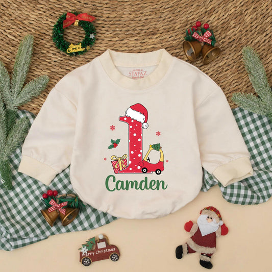 Camden's First Christmas Romper: Red Car 1st Birthday Bodysuit with Santa Hat & Polka Dots for Baby Boy - Holiday Gift
