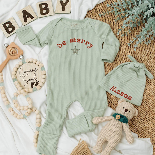 Be Merry Baby Bodysuit Reddish-Brown Text Forest Green Star Festive Holiday Newborn Outfit First Christmas Gift Shower Present