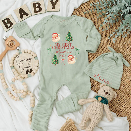 Custom My First Christmas 2025 Baby Bodysuit with Name Santa Tree Design Festive Holiday Newborn Outfit Green Red White Whimsical Celebratory Gift