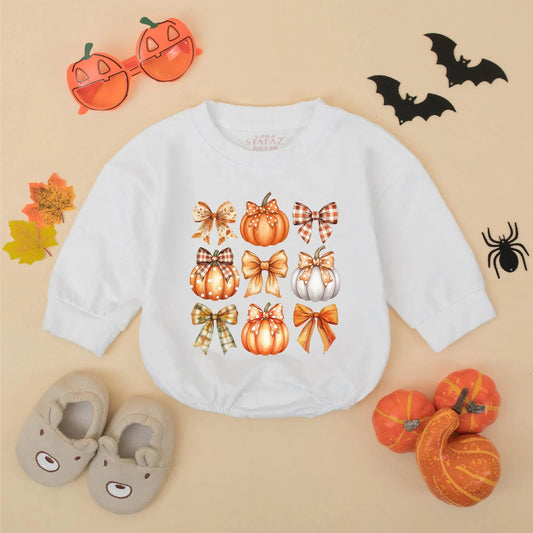 Cute Fall Pumpkin Bow Bubble Romper for Baby Girl, Autumn Outfit, Thanksgiving Clothes, Pumpkin Patch Toddler Sweatshirt, Fall Baby Gift, Newborn