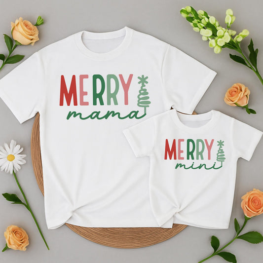 Merry Mama and Mini Matching Christmas T Shirts Festive Red Green Block Letters Cursive Mama Mini with Christmas Tree Graphic Family Holiday Outfits Mom Daughter Kid Baby Girl Gift