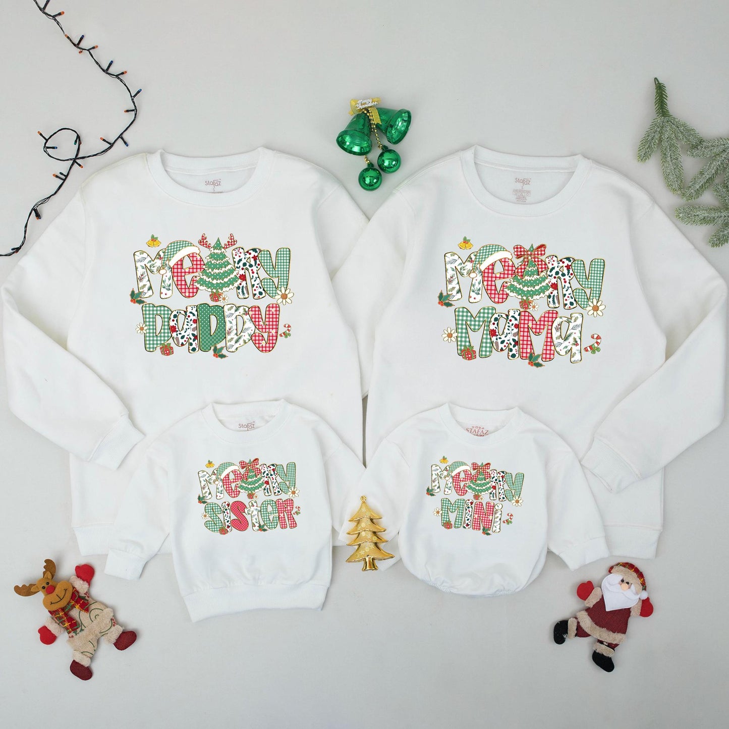 Whimsical Festive Print 'MOM' 'DAD' 'SISTER' 'MINI' Matching Family Christmas Sweatshirts Classic Red Green White Holiday Outfits