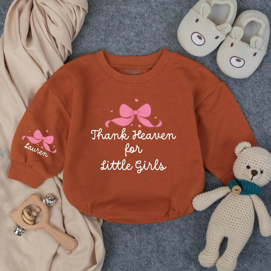 Thank Heaven for Little Girls Romper, Lauren's Bow Bodysuit, Sweet Christian Baby Outfit, Religious Gift, Pink Infant Romper, Custom Faith Wear 137