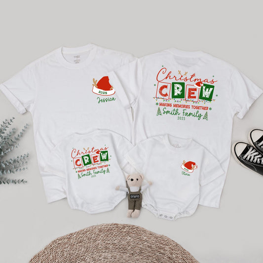 Matching Family Christmas Crew Shirt, Personalized with Names & 2025, Festive Holiday Lights & Santa Reindeer Design, Comfy Xmas Gift Tee for Mommy and Me