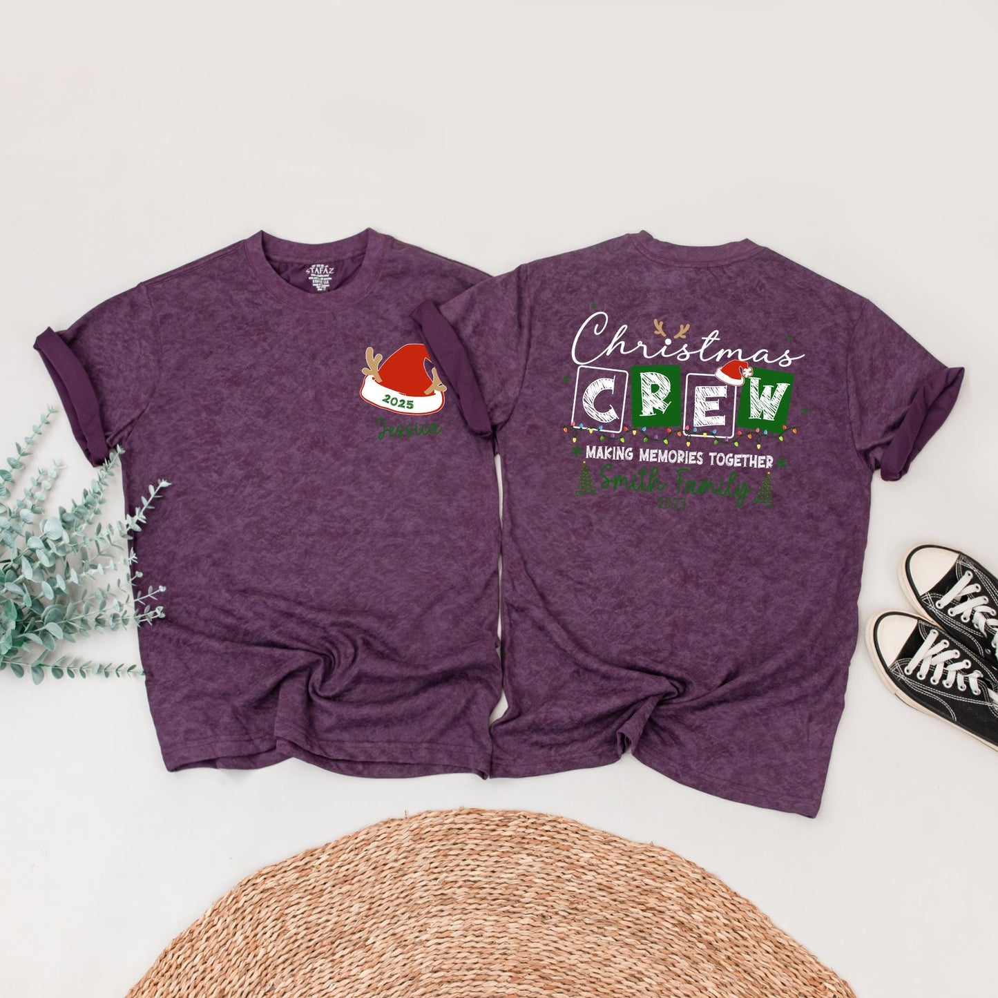 Matching Family Christmas Crew Shirt, Personalized with Names & 2025, Festive Holiday Lights & Santa Reindeer Design, Comfy Xmas Gift Tee for Mommy and Me