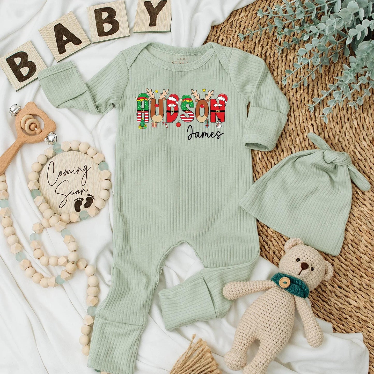Hudson Christmas Baby Bodysuit - Personalized Baby Boy Outfit with Reindeer Antlers & Stars, Custom Name Christmas Gift