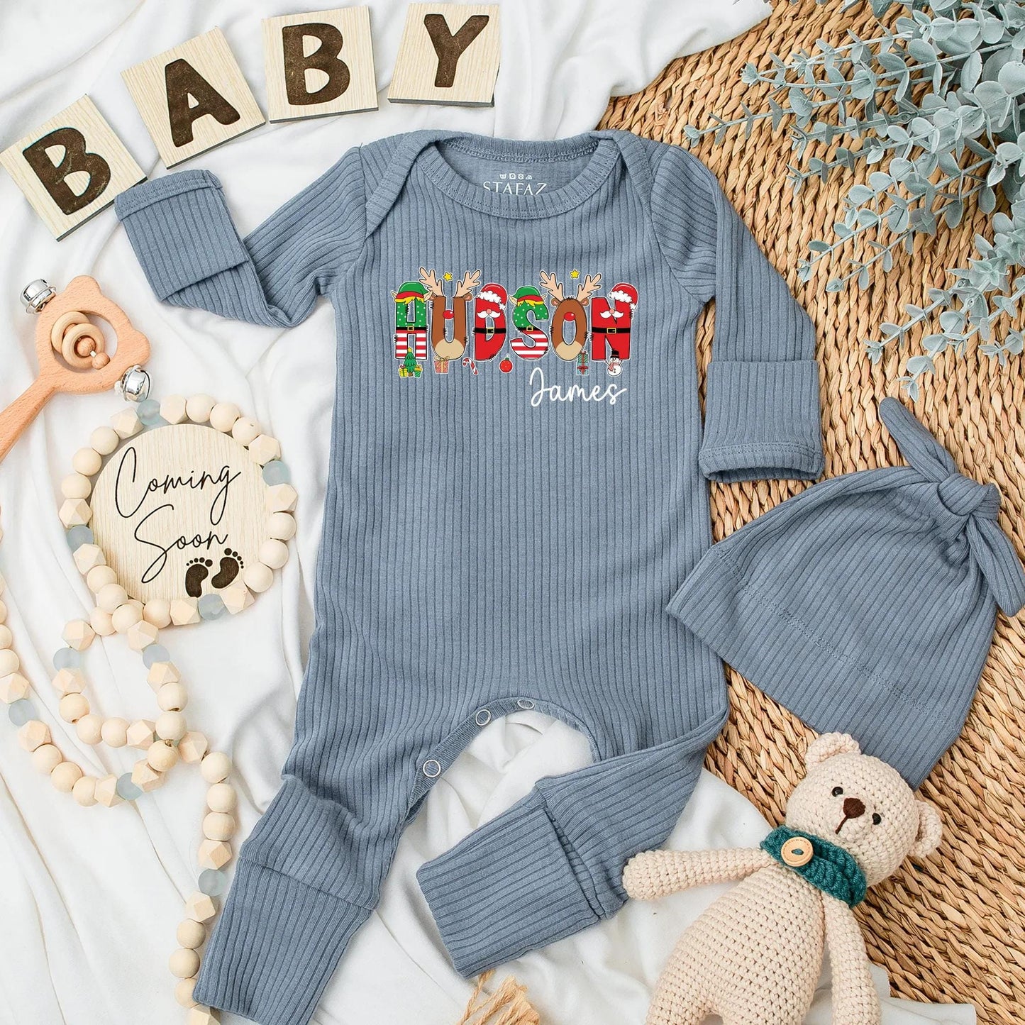 Hudson Christmas Baby Bodysuit - Personalized Baby Boy Outfit with Reindeer Antlers & Stars, Custom Name Christmas Gift