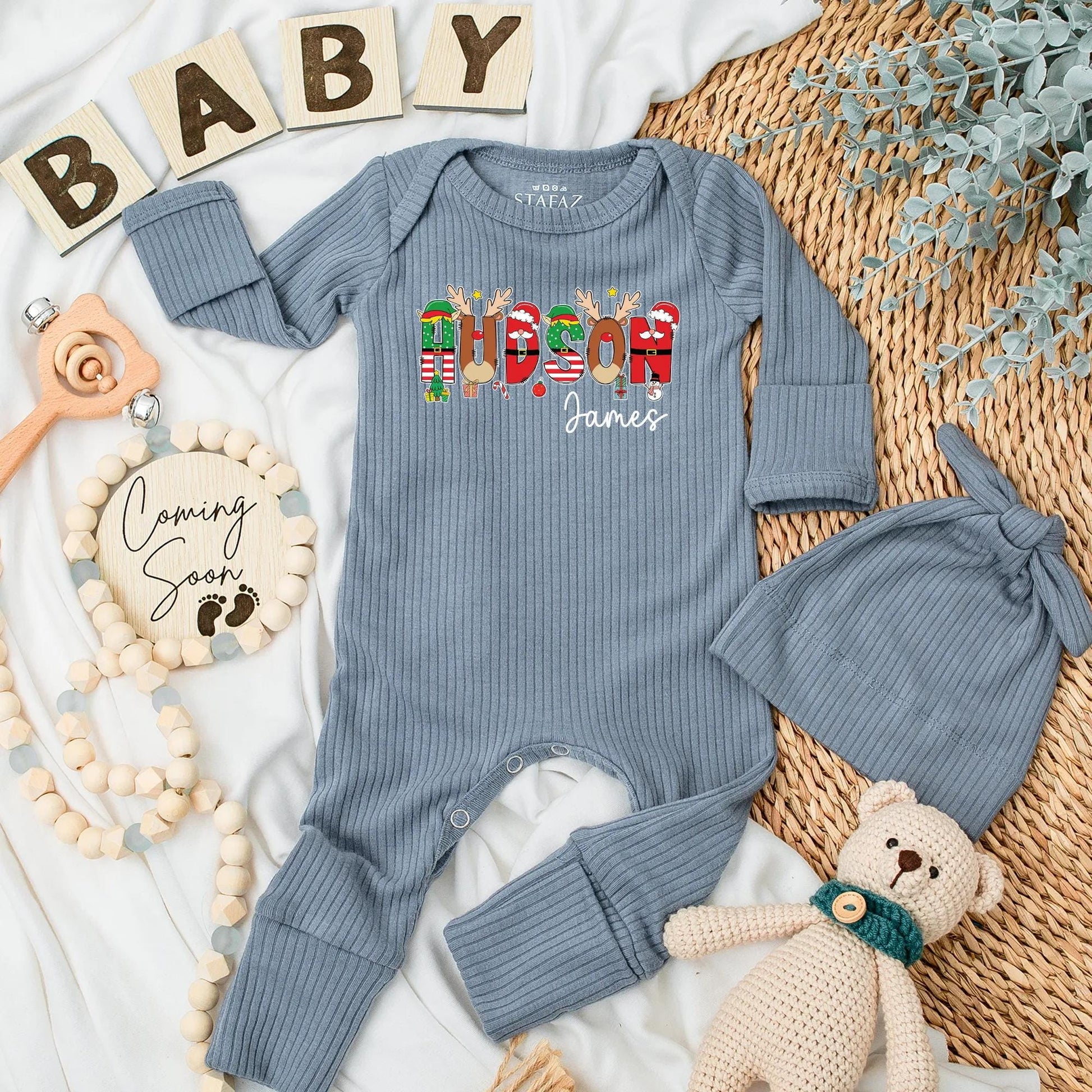 Hudson Christmas Baby Bodysuit - Personalized Baby Boy Outfit with Reindeer Antlers & Stars, Custom Name Christmas Gift