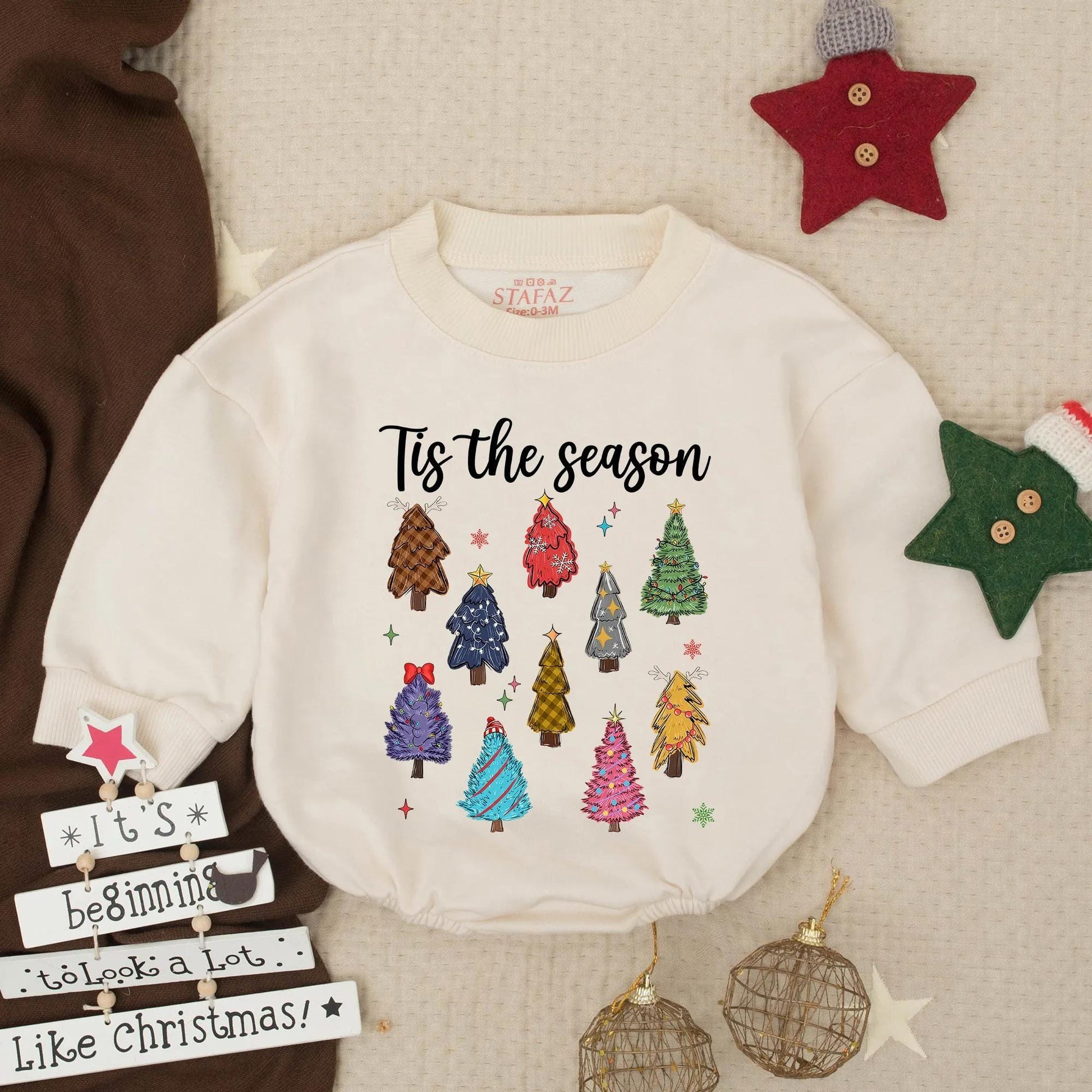 Tis the Season Christmas Tree Romper Baby Outfit, Cute Holiday Bodysuit Funny Infant Clothes, Festive Winter Gift for Newborn Pine Design, 130-140 Chars