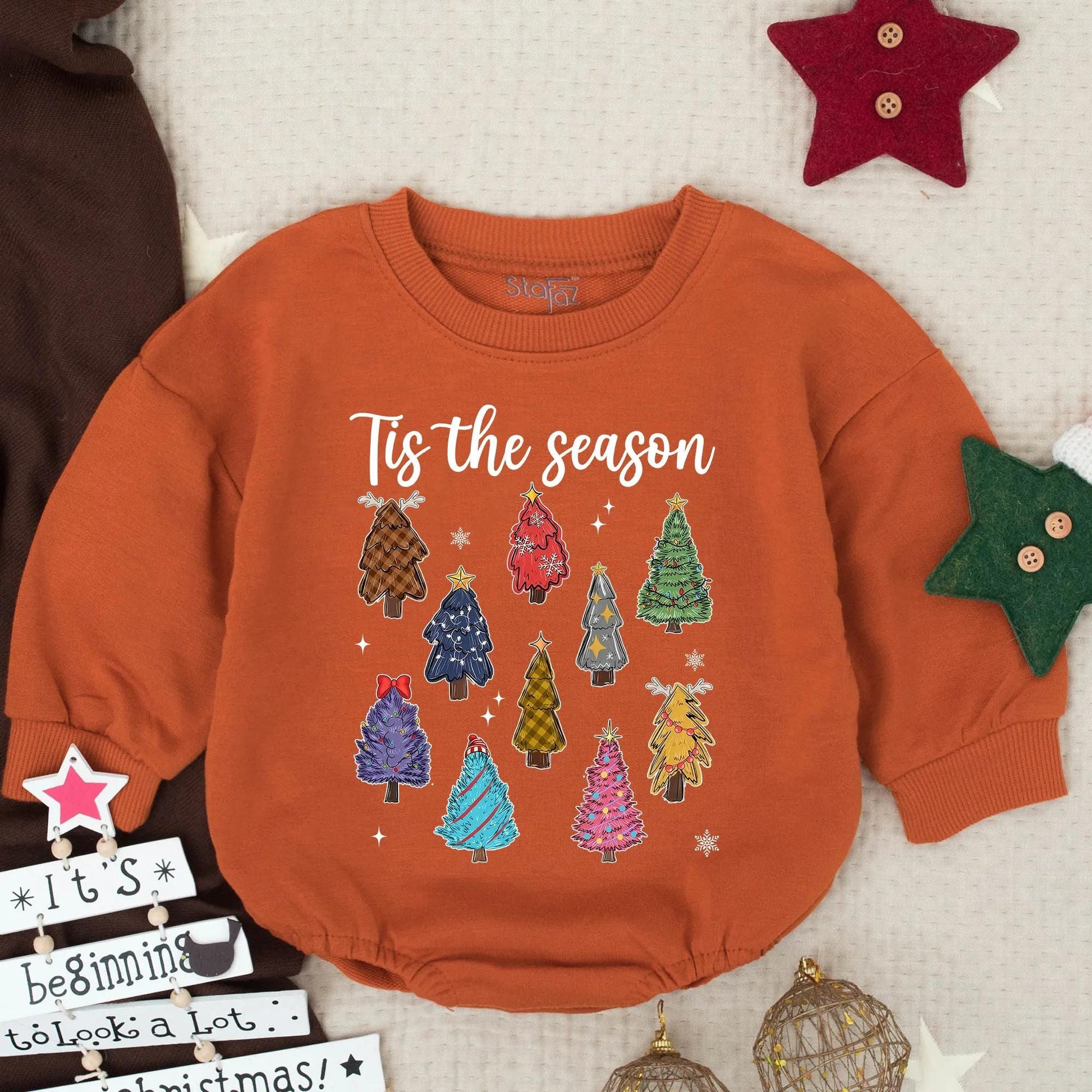 Tis the Season Christmas Tree Romper Baby Outfit, Cute Holiday Bodysuit Funny Infant Clothes, Festive Winter Gift for Newborn Pine Design, 130-140 Chars