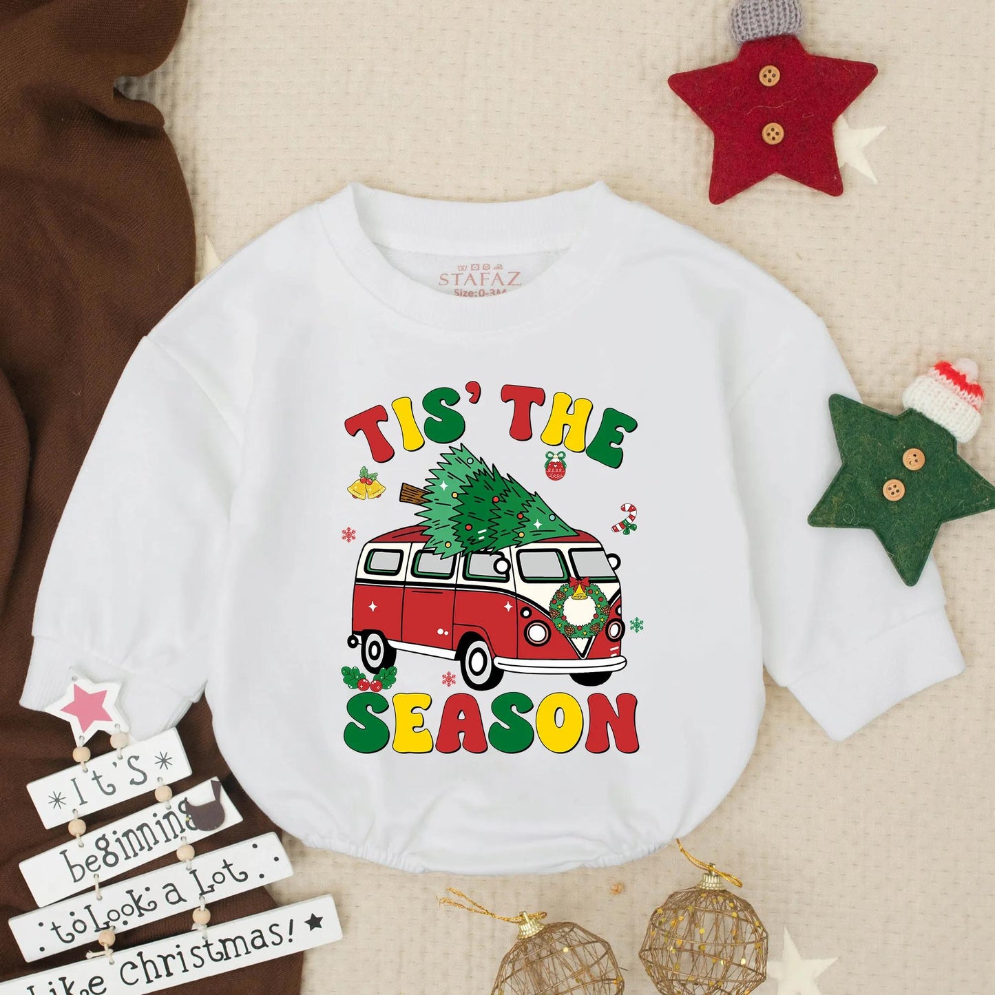 Tis The Season Retro Red Truck Baby Romper, Groovy Christmas Outfit Infant Clothes, Festive Holiday Toddler Boy Gift, Cute Winter Van Clothes 135char