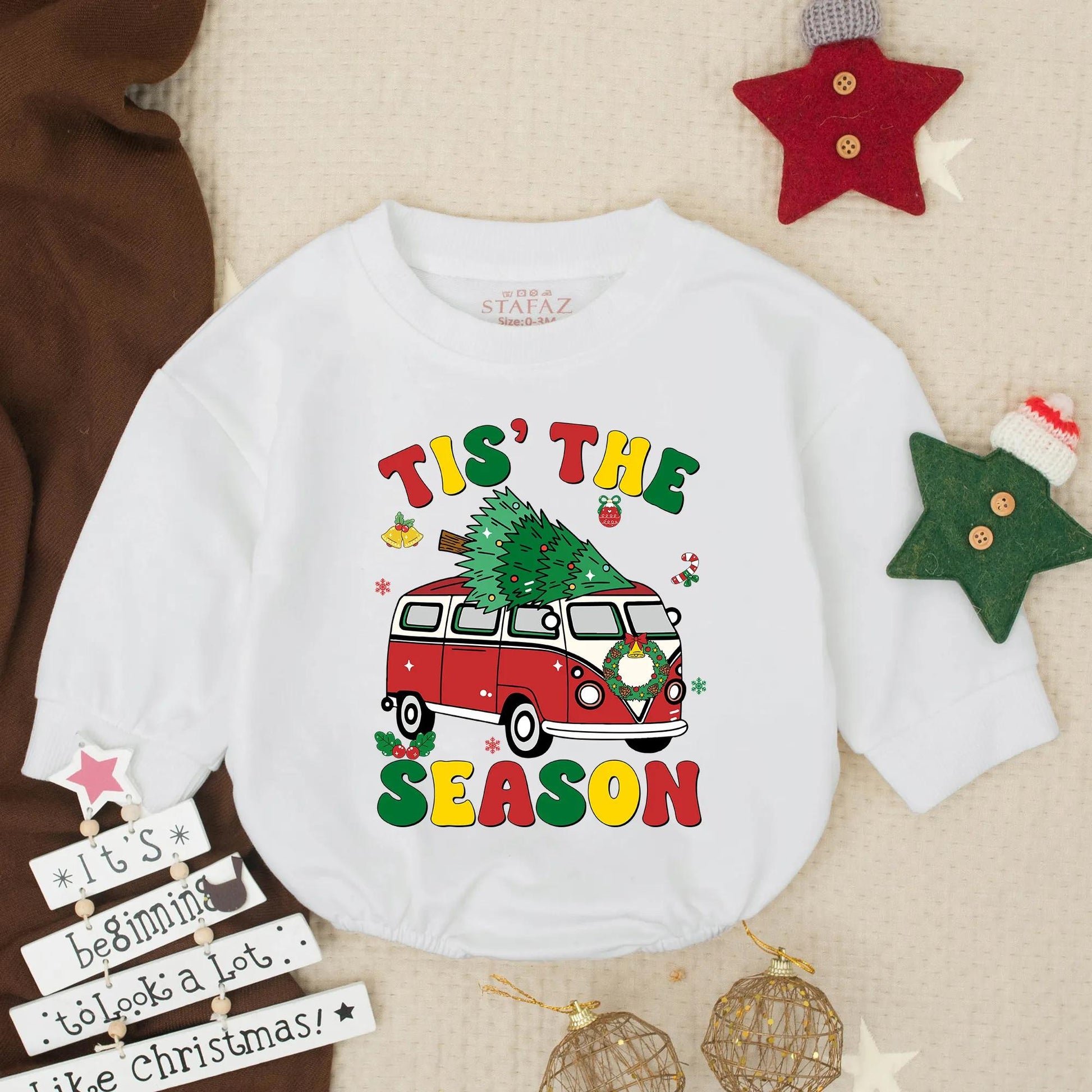 Tis The Season Retro Red Truck Baby Romper, Groovy Christmas Outfit Infant Clothes, Festive Holiday Toddler Boy Gift, Cute Winter Van Clothes 135char