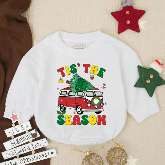 Tis The Season Retro Red Truck Baby Romper, Groovy Christmas Outfit Infant Clothes, Festive Holiday Toddler Boy Gift, Cute Winter Van Clothes 135char