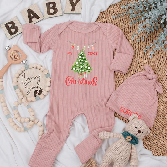 My First Christmas Baby Bodysuit Newborn Outfit a festive Christmas Tree design with cute stockings and custom 1st Xmas celebration gift.
