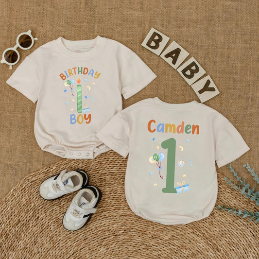 Personalized 1st Birthday Boy Romper, Custom Name Outfit, Fun Balloons & Confetti Design, First Birthday Party Gift, Baby Shower Keepsake (138 chars)