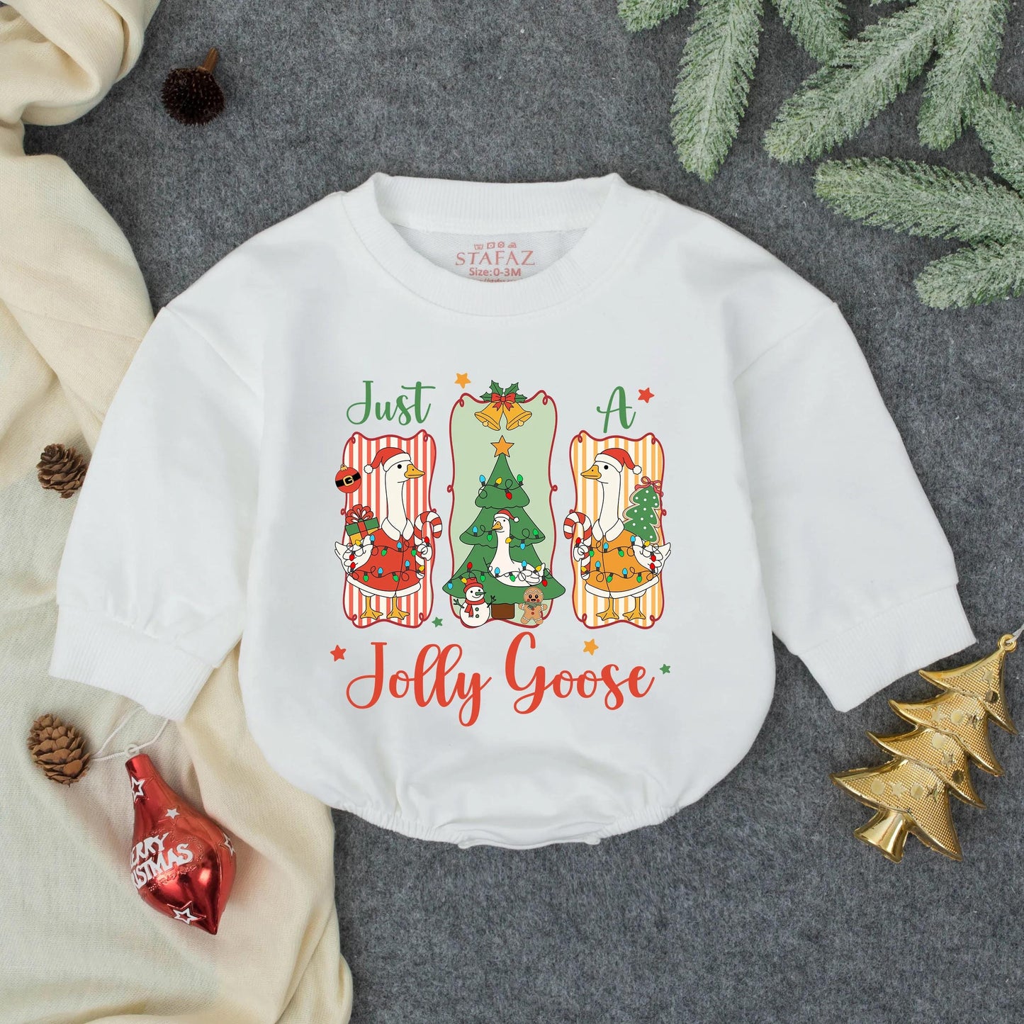 Jolly Goose Christmas Romper: Festive Holiday Outfit for Baby, First Christmas, Cute Infant Toddler Clothes, Baby Shower Gift, Preppy Cartoon Geese