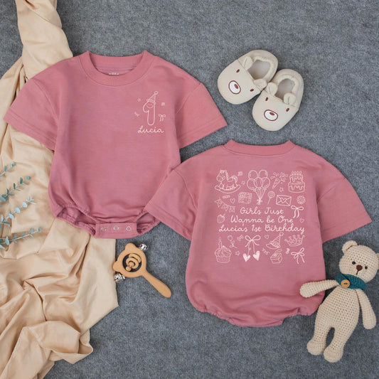 Personalized Lucia's First Birthday Girl Romper with "Girls Just Wanna Be One" Design Infant Outfit Playful Party Celebration Graphics