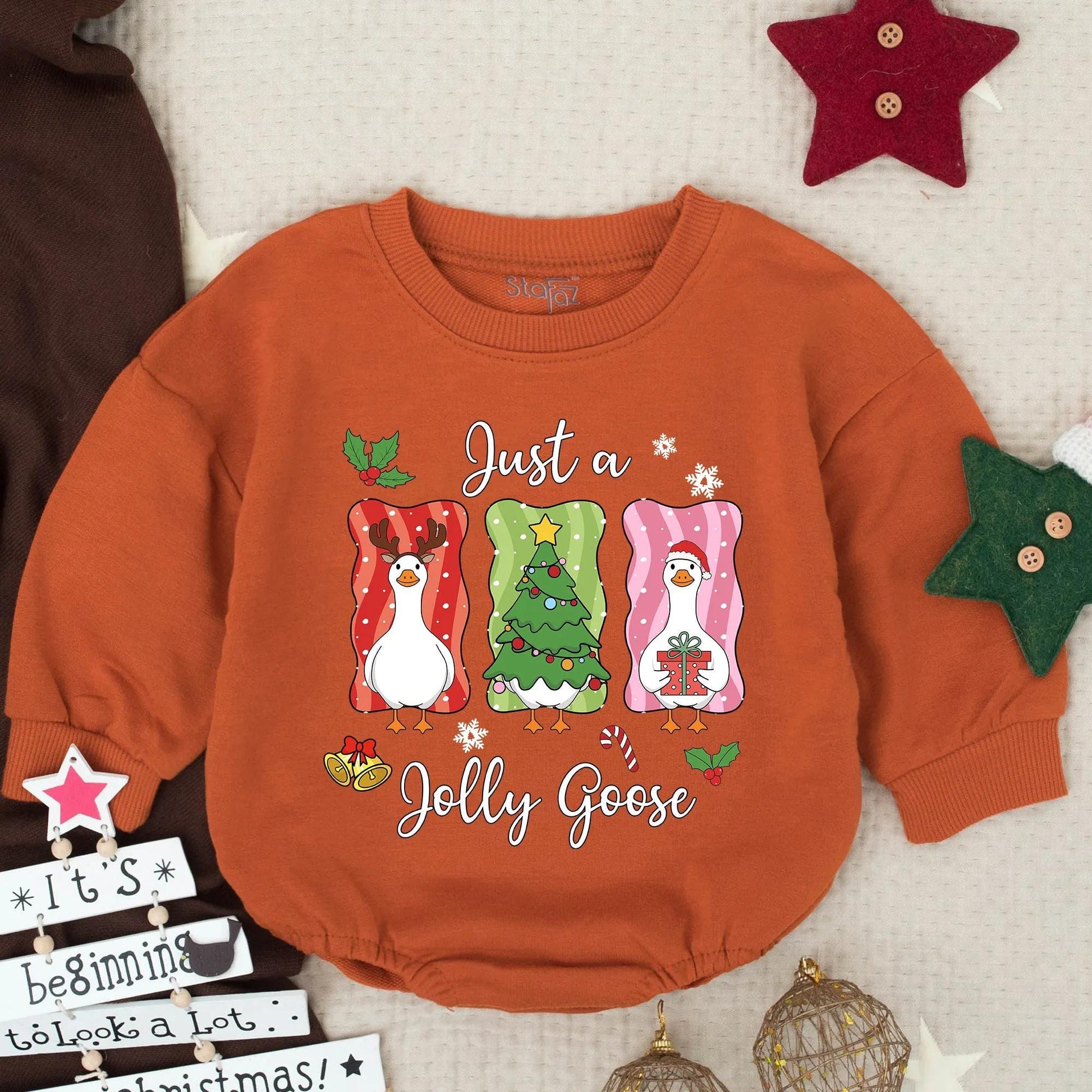 Just a Jolly Goose Christmas Bubble Romper Funny Cartoon Geese Festive Red Green Pink Gold Baby Toddler Outfit Cute Gift