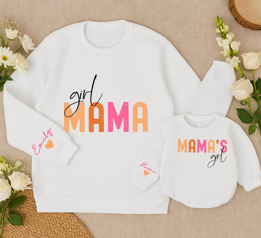 Mama & Girl Matching Sweatshirt Set, Peach and Pink Design, Custom Baby Romper, Playful Family Outfits, Holiday Gift for Mom and Mini, Personalized Emily