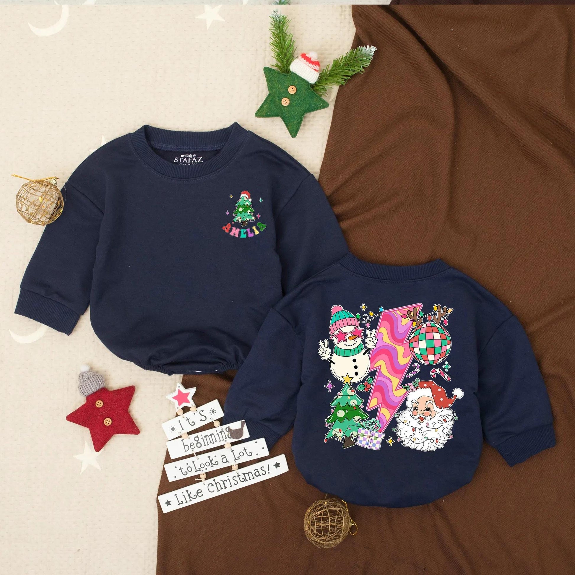 Groovy Christmas Baby Romper: Retro Holiday Outfit with 'AMELIA' & Fun Festive Design, Cute Xmas Toddler Bodysuit Gift, Baby Holiday Clothes (138 chars)