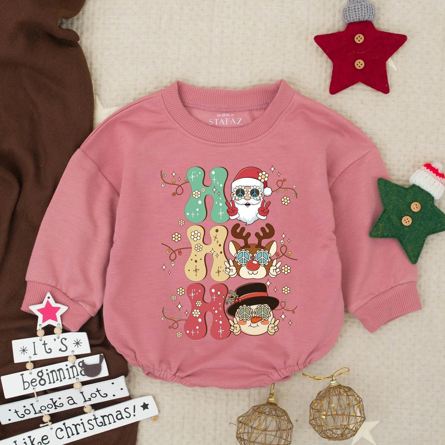 Groovy Ho Ho Ho Santa Snowman Reindeer Baby Romper Festive Holiday Infant Bubble Outfit Toddler Christmas Gift Winter Clothes Retro Peace Sign Fun