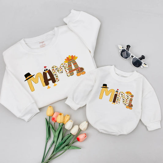 Mommy and Me Thanksgiving Matching Outfits Thankful Fall Turkey Family Shirts Soft Cotton Cozy Mama Mini Baby Toddler Crewneck Gift