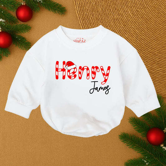 Henry James Custom Christmas Baby Outfit Candy Cane Santa Hat Script Name Infant Bubble Romper Holiday Baby Boy Girl Clothes