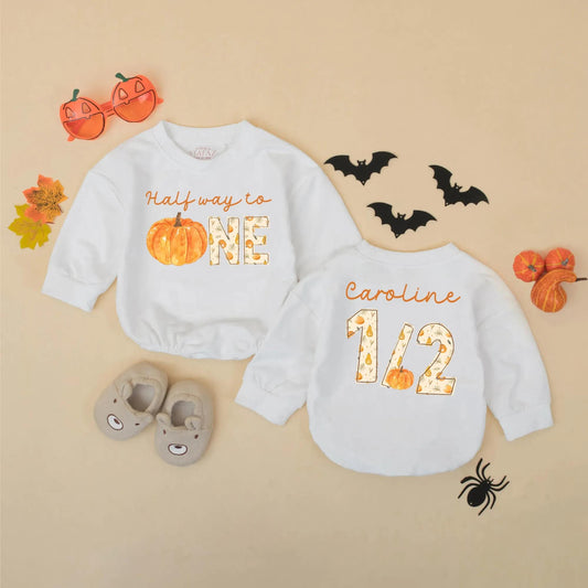 Personalized Half Way to One Pumpkin Baby Romper, Custom Name 1/2 Birthday Outfit, Fall Leaves Bodysuit, Six Month Celebration, Autumn Birthday Gift (139 chars)