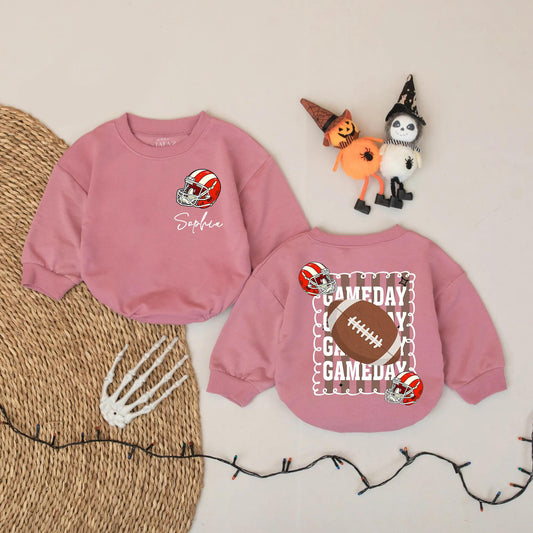 Personalized Baby Football Romper with Name & Game Day Helmet Design, Sporty Red White Cursive Sophia Newborn Toddler Bubble Sweatshirt