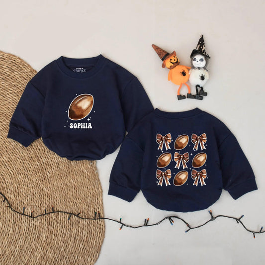 Personalized Baby Girl Football Bows Romper Outfit Cute Game Day Bubble Sweater First Birthday Sport Cheer Season Coquette