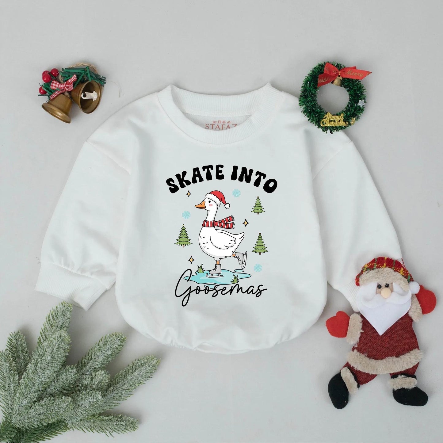 Whimsical Goose Ice Skating Bubble Romper Baby Toddler Christmas Outfit Green Blue Gold Festive Holiday Party Favor Cute Goosemas Gift