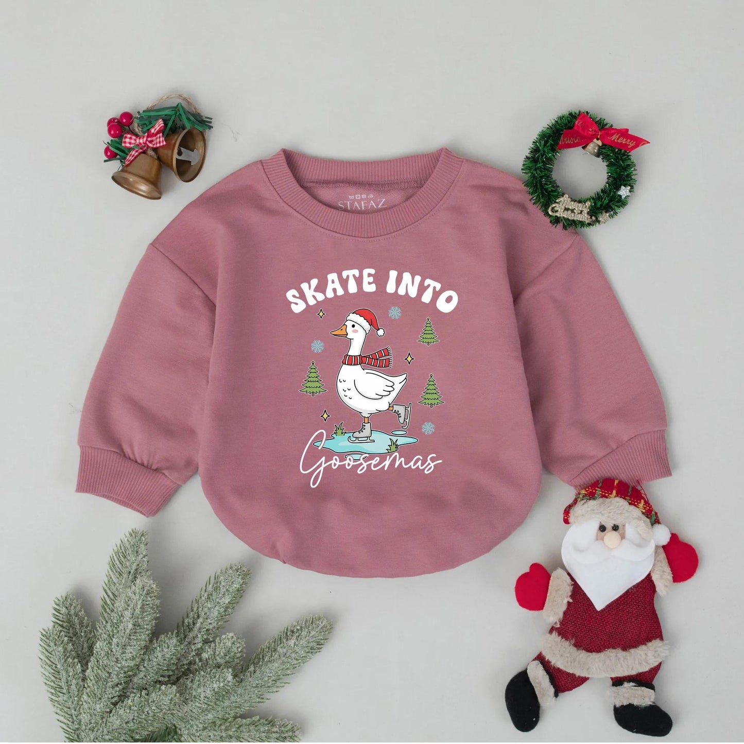 Whimsical Goose Ice Skating Bubble Romper Baby Toddler Christmas Outfit Green Blue Gold Festive Holiday Party Favor Cute Goosemas Gift