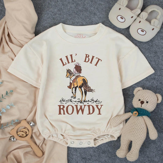 Lil' Bit Rowdy Girls Rodeo Bubble Romper Toddler Western Outfit Adorable Country Baby Girl Clothes Soft Summer Little Cowgirl Gift