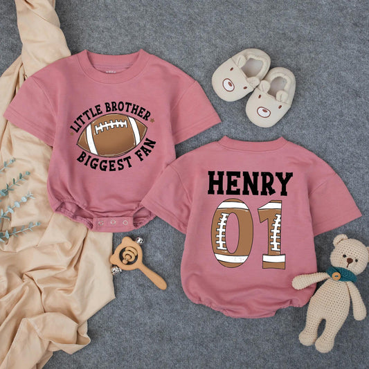 Personalized Little Brother Biggest Fan Football Bubble Romper Baby Boy Sporty Game Day Outfit with Custom Name Number Brown Football Graphic Gift