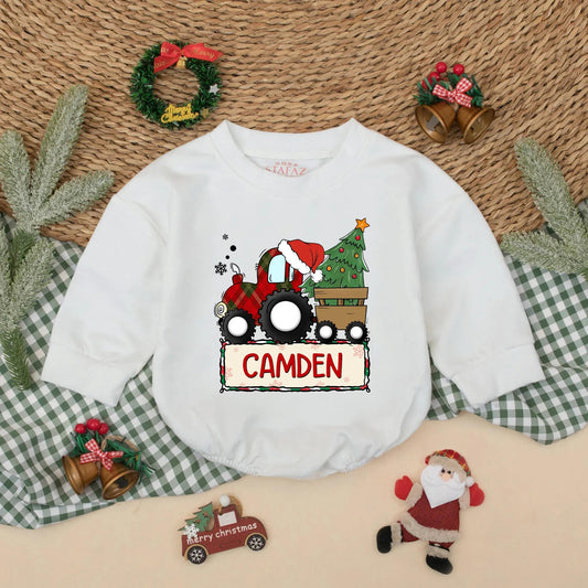 Custom Baby Boy Christmas Red Plaid Tractor Bubble Romper Holiday Bodysuit Winter Outfit Infant Gift Festive Santa Hat Tree Snowflakes