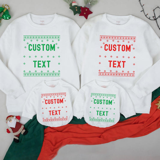 Custom Family Christmas Sweatshirts, Funny Holiday Group Sweater with Festive Fair Isle Snowflakes, Matching Xmas Party Outfits for Mom, Dad, Kids 138