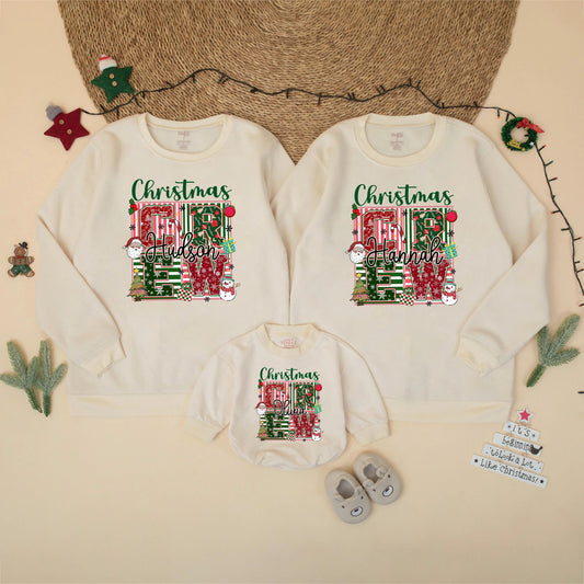 Personalized Christmas Crew Sweatshirt Matching Family Holiday Outfit Custom Name Christmas Trees Snowflakes Santa Festive Gift 130-140 chars