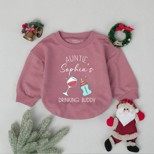 Auntie's Drinking Buddy Romper for Baby Girl, Custom Aunt Announcement Bodysuit Gift, Funny Newborn Outfit with Wine Glass, Hearts & Bottle Design