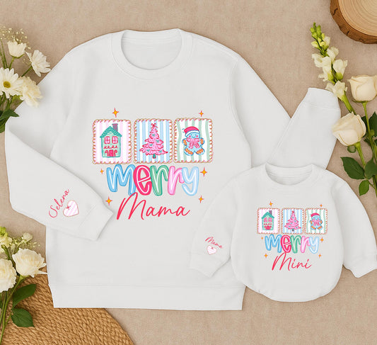 Cute Pastel Merry Mama and Mini Matching Sweatshirts for Christmas Family Outfits with House Tree Gingerbread Man Illustrations Pastel Pink Blue Green