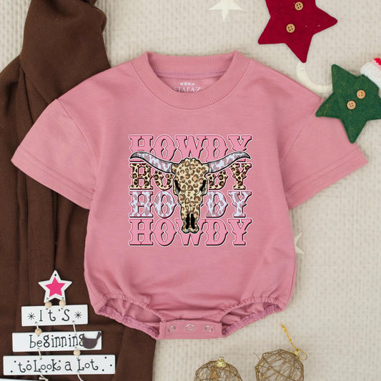 Howdy Pink Cowgirl Bubble Romper Western Leopard Cow Skull Baby Outfit Rodeo Toddler Clothes Short Sleeve Baby Announcement