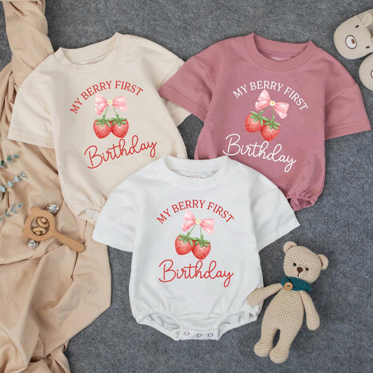 Personalized Berry Sweet One Strawberry Girl First Birthday Bubble Romper Cake Smash Outfit Toddler Fruit Theme Baby Girl Clothes