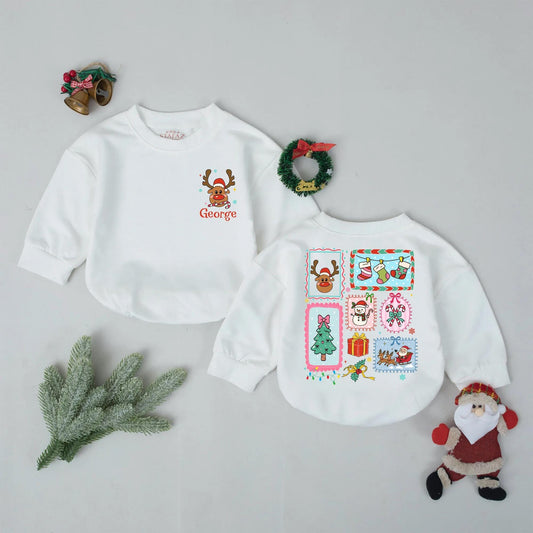 Custom Name Christmas Baby Bodysuit Reindeer Santa Hat Design Vintage Holiday Stamps Festive Colors Toddler Outfit Newborn Keepsake Gift