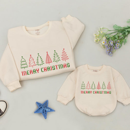Matching Family Christmas Sweatshirts with Dripping Snow Letters Festive Holiday Pajamas Merry Christmas Tree Outfits, Cute Mommy and Me Matching Outfits