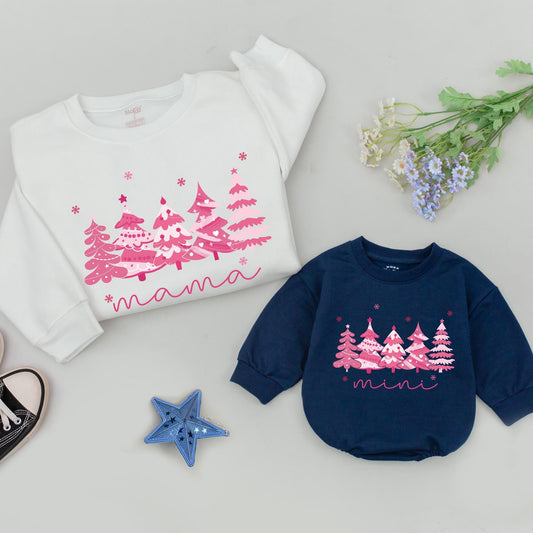Retro Pink Christmas Tree Family Sweatshirt Matching Set, Dada Mama Mini Holiday Outfits, Whimsical Christmas Gift Romper, Comfy Soft Cotton 139
