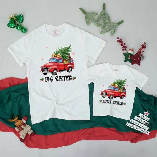Matching Christmas Big Sister Little Sister Shirts, Vintage Truck Gift, Festive Holiday Outfit for Girls, Baby Sister Christmas Coming Home
