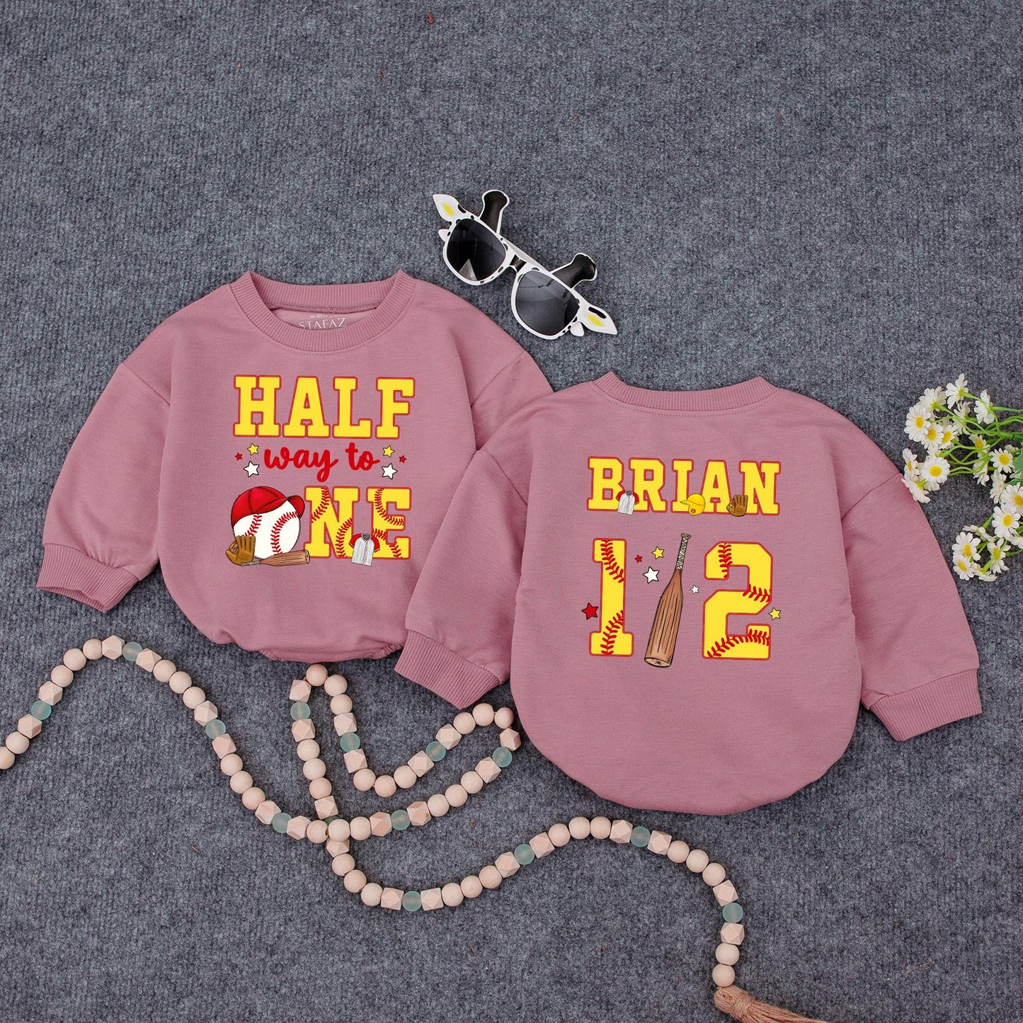 Custom Baseball Half Birthday Baby Boy Romper Yellow Red 'Half Way to One' 6 Month Milestone Outfit with Glove Bat & Stitching