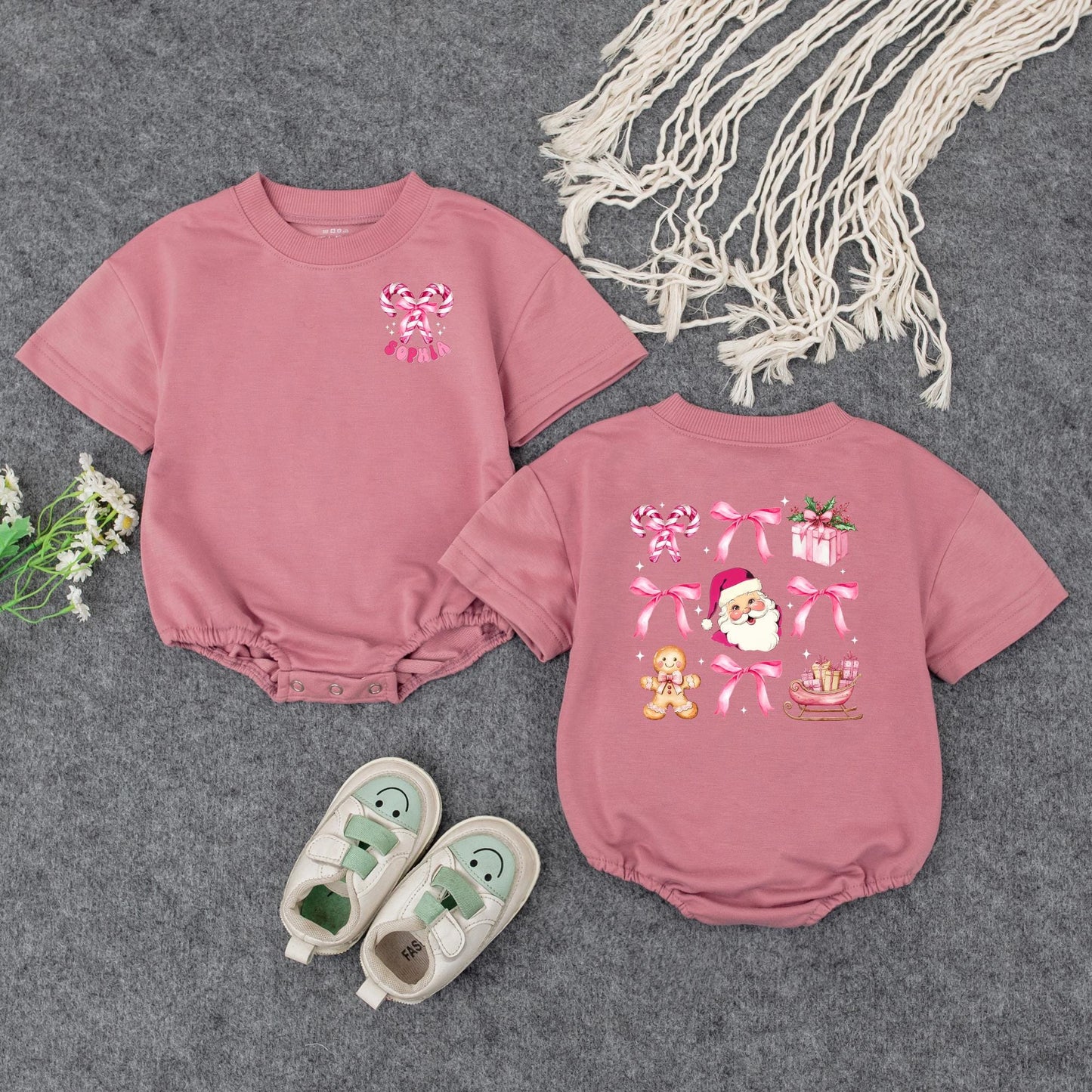 Pink Christmas Baby Romper Girl | Cute Santa Candy Cane Holiday Outfit | Personalized Xmas Bodysuit Gift Set Soft Cotton Festive Winter Clothes 138