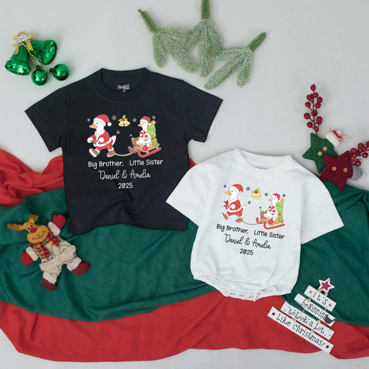 Personalized Big Brother Little Sister First Christmas Outfits 2025 Sibling Names Whimsical Goose Sledding Baby Toddler Holiday Shirts