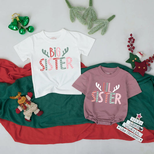 Matching Big Sister Lil Sister Christmas Shirts Antler Design, Sister Crew Outfit, Cute Holiday Gift, Baby Announcement Siblings, Soft Cotton Blend (139 chars)