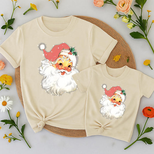 Mommy and Me Retro Santa Claus Christmas Shirt Sparkling Sequin Dot Vintage Holiday Family Matching Tees Red White Gold Green Festive Outfit